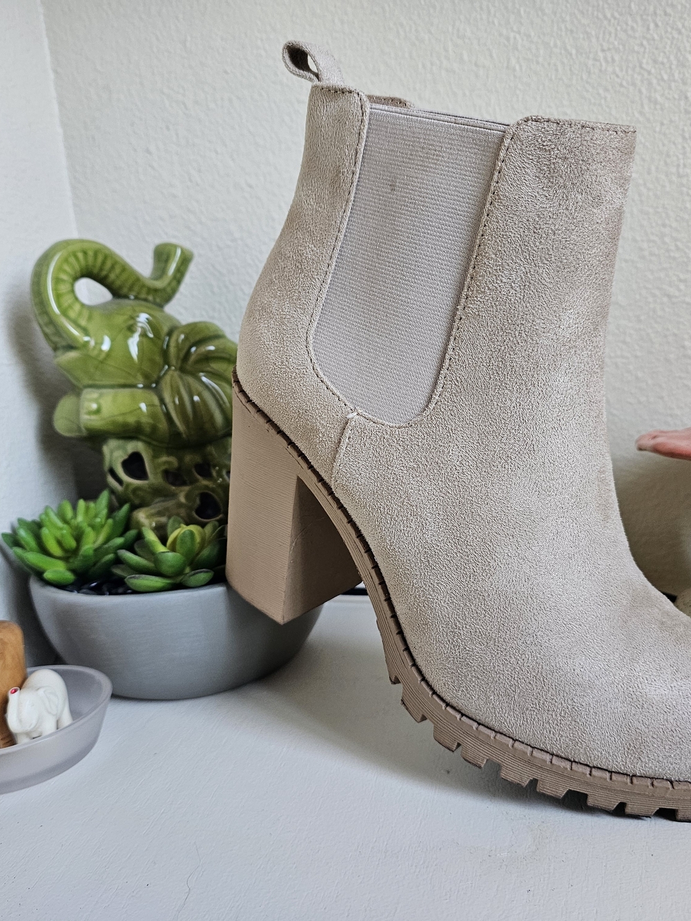 Soda Beige Suede Chelsea Block Heel Ankle Boot